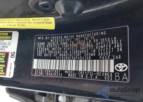 2016 Toyota Corolla Le from USA, damaged, VIN 5YFBURHE9GP404108